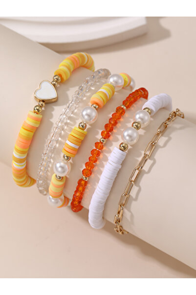 Take Two By Styli مجموعة من 6 قطع - سوار خرز متعدد الألوان بتصميم قلب ولآلئ