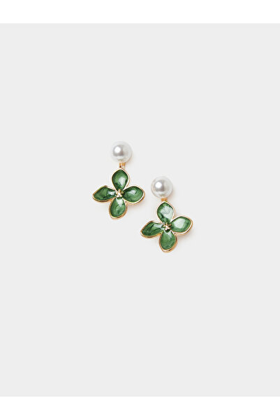 Styli Green Enamel Clover Pearl Embellished Drop Earrings
