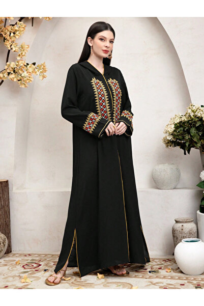 Take Two By Styli Black Embroidered Jalabiya with Hood