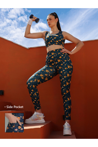 Clovia By Styli Navy Blue Floral Print High Rise Active Leggings