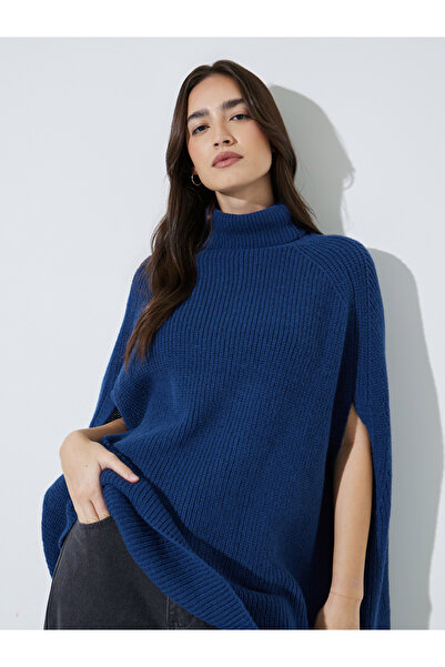 Styli Navy Blue Knit Turtleneck Cape Sleeve Sweater