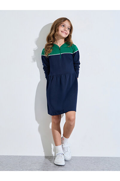 Styli Navy Blue Color Block Half-Zip Sweatshirt Dress