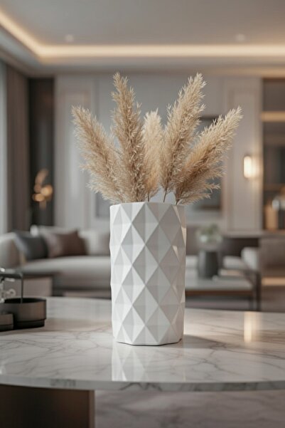 Safir Design Pampas Hediyeli El Yapımı Beyaz Iskandinav Vazo | Minimalist Geo...