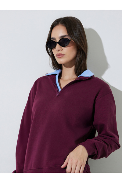 Styli Burgundy Solid Regular Fit Half Zip Sweatshirt