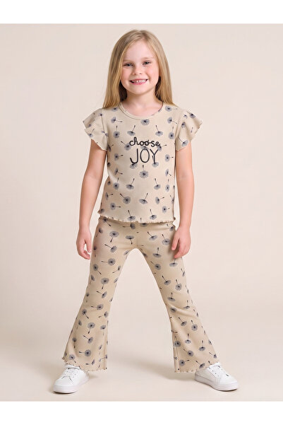 JUNIORLOOM By Styli Girls Beige Ribbed Ruffle Top and Flare Pants Set