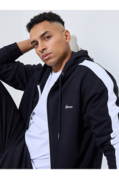 Styli Black Embroidered Zip-Up Hoodie