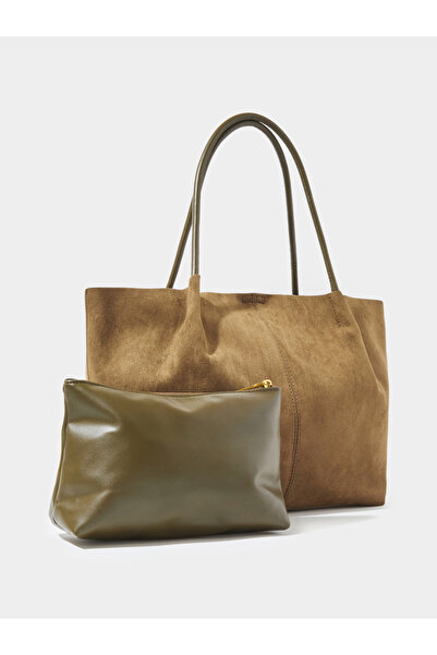Styli Khaki Suede-Look Hobo Shoulder Bag and Pouch Set