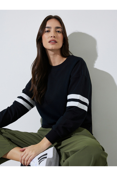Styli Black Regular Fit Striped Sleeve Sweatshirt