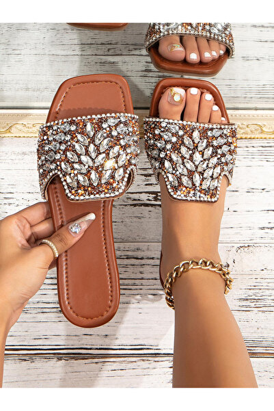 Take Two By Styli Brown Embellished Flat Sandals