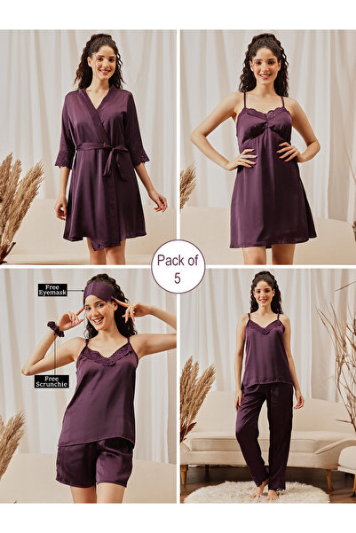 Clovia By Styli Pack of 5 - Purple Lace Details Nightwear Set