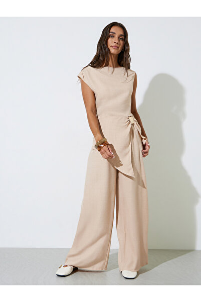 Styli Beige Textured Sleeveless Blouse and Wide Leg Trousers Co-Ord Set