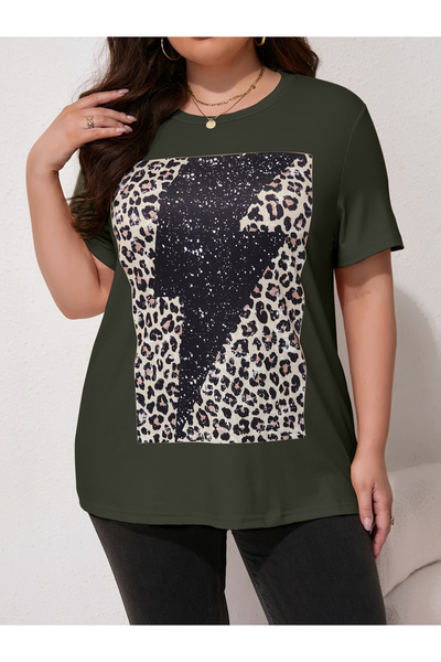Take Two By Styli Plus Size Dark Green Lightning Leopard Print T-Shirt