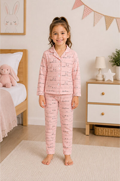 monox 100% Cotton Girls' Buttoned Pajama Set - Long Sleeve