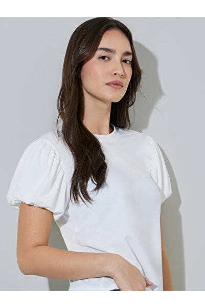 Styli White Solid Puff Sleeve Regular Fit T-shirt