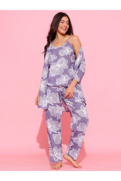 Clovia By Styli Pack of 3 - Light Purple Floral Print Robe, Cami and Pants Py...