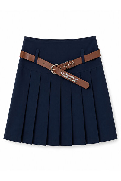 MODA Lacivert Pileli Kemerli Etek