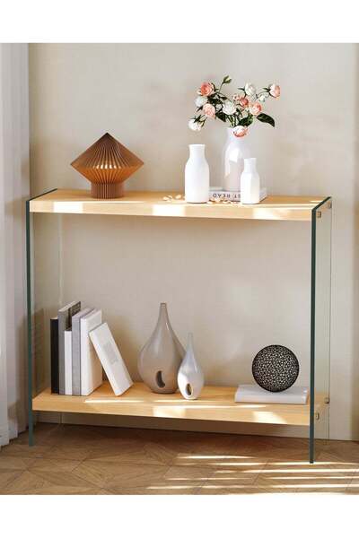 WISFOR 2 Tier Glass Console Table with MDF Top, Modern Entryway Table with Te...
