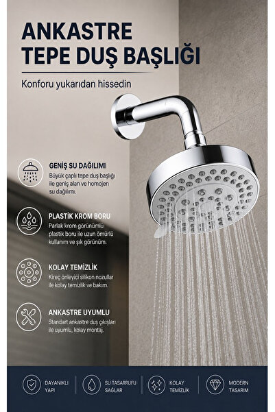 Ankastre Tepe Duş Başlığı - Sahil Tepe Duş Başlığı - Ev Ve Otel Kullanımına Uygundur Krom