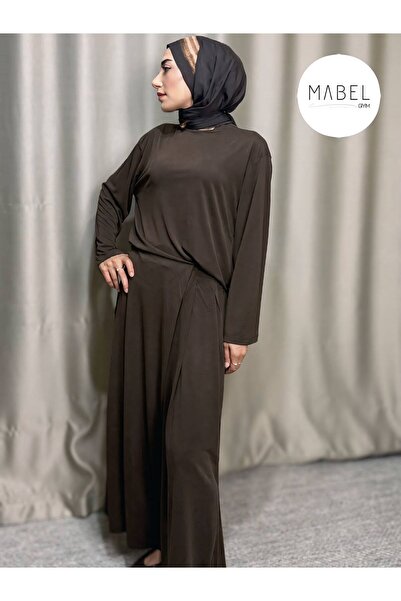 Kadın beli lastikli çapraz detaylı etek pantolon ikili takım yırtmaçlı tunik set