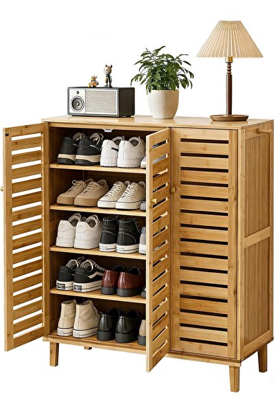 WISFOR Strong 5-layer Bamboo Shoe Cabinet, Tall Shoe Storage with Doors and V...