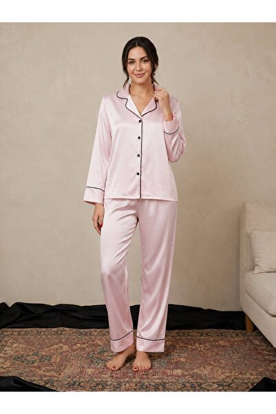 Saten Uzun Kol Gömlek Pijama Takım