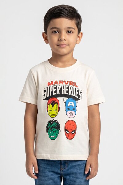 Marvel Kids Boy Crew Neck Short Sleeve Heroes Print T-Shirt, Off White