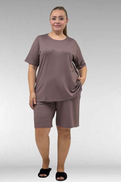 Eslina 67806 Plus Size Shorts -T-Shirt Combed Cotton Pajama Set - Mink