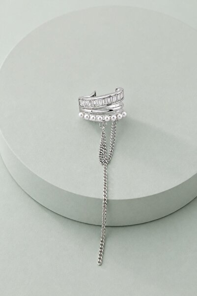 New Obsessions Livia Baget Taşlı İnci ve Zincir Detaylı Ear Cuff Kıkırdak Küpe