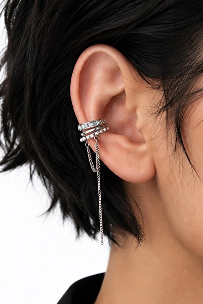 New Obsessions Livia Baget Taşlı İnci ve Zincir Detaylı Ear Cuff Kıkırdak Küpe