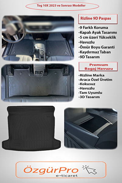 Rizline Premium Tog T10X 2023 ve Sonrası 9D Paspas-Premıum Bagaj Havuzu Siyah...