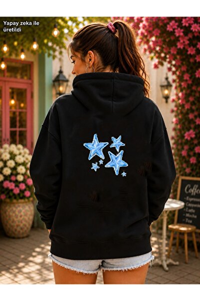 EMMODA Women's Blue Star Motif Back Print Hooded Kangaroo Pocket Casual Basic...
