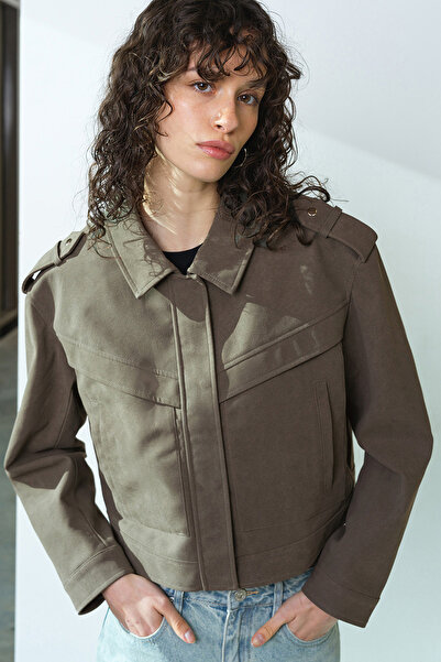 French Connection Women's Vintage Khaki Larissa Faux Suede Bomber