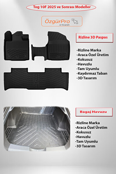 Rizline Tog T10F 2025 ve Sonrası 3D Havuzlu Paspas Siyah ve 3D Bagaj Havuzu 2...