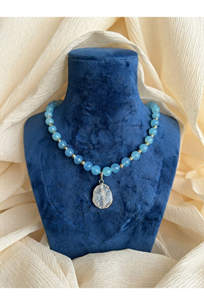 Leyandoğaltaş Blue Agate Natural Stone Necklace 50 cm – 10 mm Stylish Design ...