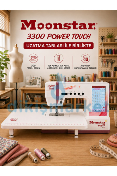 dm dikişmarket Moonstar Ev Tipi Elektronik Düz Dikiş Makinesi 300 Desen Dokunmatik Ekran / Model 3300 Touch Uzatma Tablalı