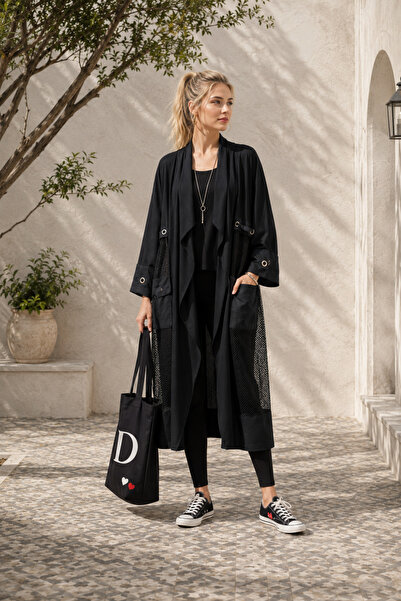 dolabımdakalsın Kadın siyah file detaylı cepli uzun kimono ceket ALA115 ( STD...