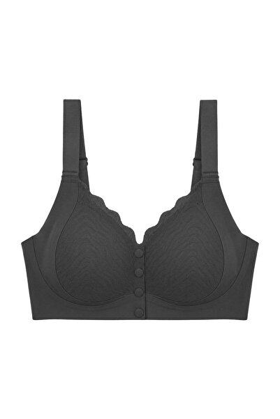 Cottonhill Seamless Bra - Larevia | Siyah Lazer Kesim Önden Düğmeli Tül Detay...