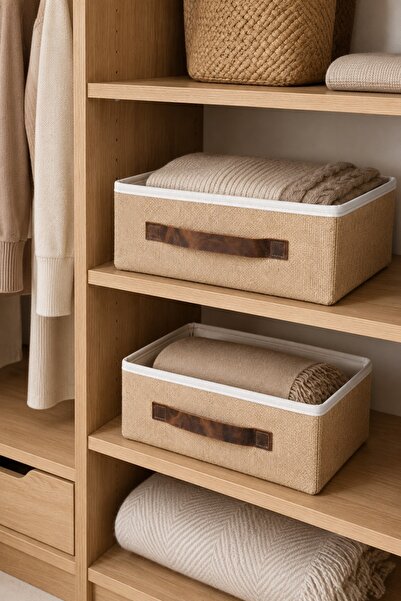Dathcha 2-Piece Jute Rectangular Organizer M-L Size with Leather Handles Cabi...