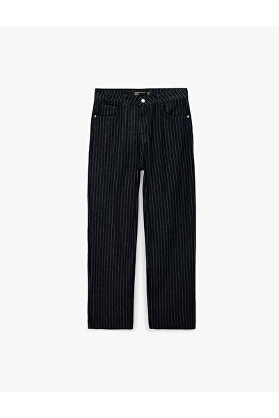Koton Cotton Relaxed Fit Pocketed Striped Baggy Jean Trousers