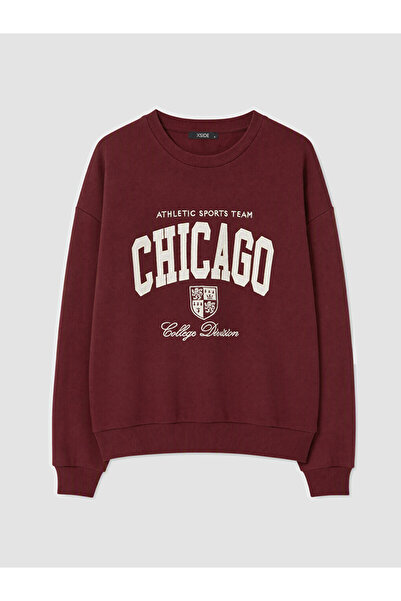 LC Waikiki Burgundy Chicago Embroidered Oversize Women's Sweatshirt
