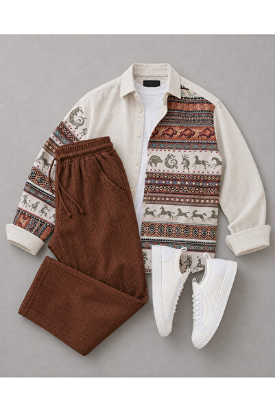tiggir moda Digital Printed Linen Shirt and Trousers 2-Piece Set