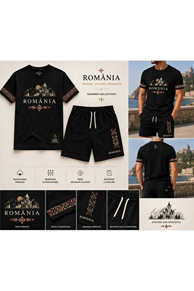 LOTS MODA Carpatia Men's Summer T-Shirt & Shorts Set Romanian Heritage Collec...