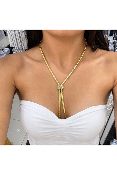 VLDORO Zircon Stone Detailed / Tie Model Flexible Rod Chain Steel Necklace