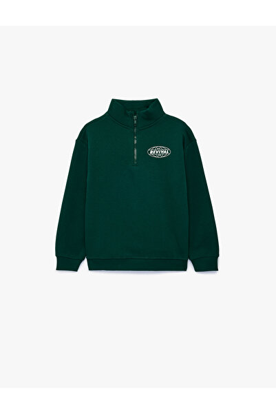 Koton Printed Cotton Sweatshirt with Zipper Detail and Long Sleeves, High Collar