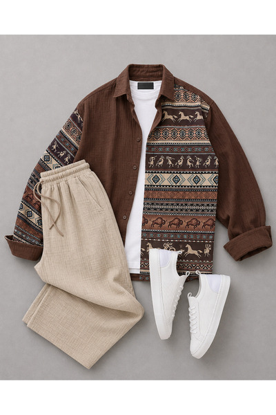 tiggir moda Set de 2 piese: cămașă și pantaloni din in, imprimate digital