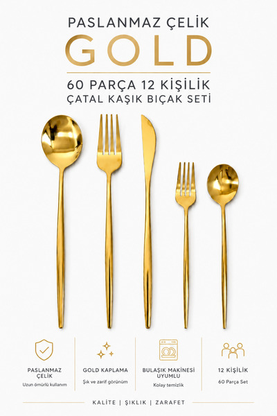 Countra 60 Parça 12 Kişilik Gold Çatal Kaşık Bıçak Seti – Paslanmaz Çelik Yem...