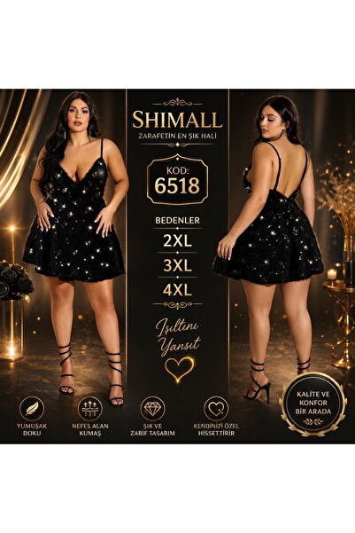 Kadın Büyük Beden Siyah Işıltılı Payetli Mini Elbise 2XL 3XL 4XL İnce Askılı Sırt Dekolteli Şık Abiye 6518