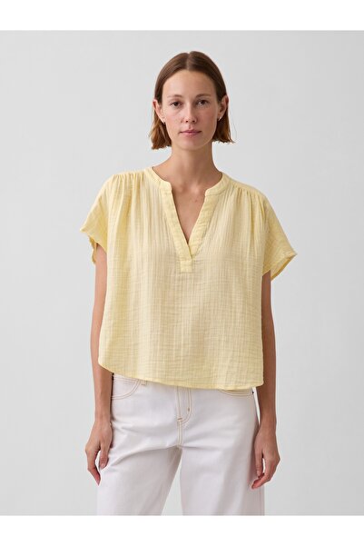 GAP Kadın Sarı Pamuk Gauze Oversized Split-Neck Üst