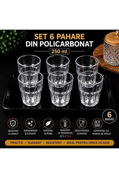 POLIGLOW Set 6 Pahare din Policarbonat 250 ml – Transparente, Rezistente la I...