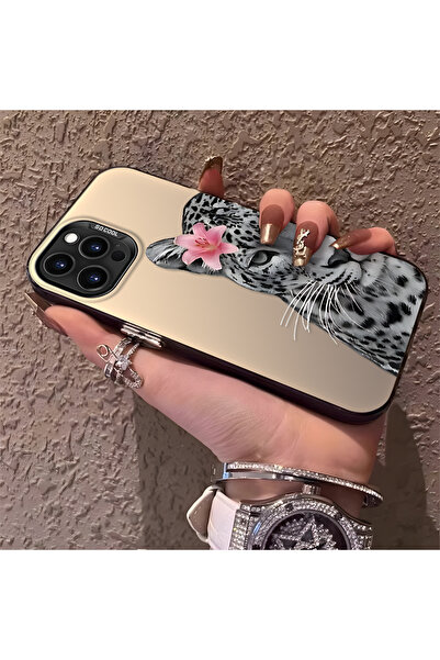 SLIMFELT iPhone 12 Pro Max Uyumlu Pembe Zambak Süslemeli Leopar Detaylı Telef...